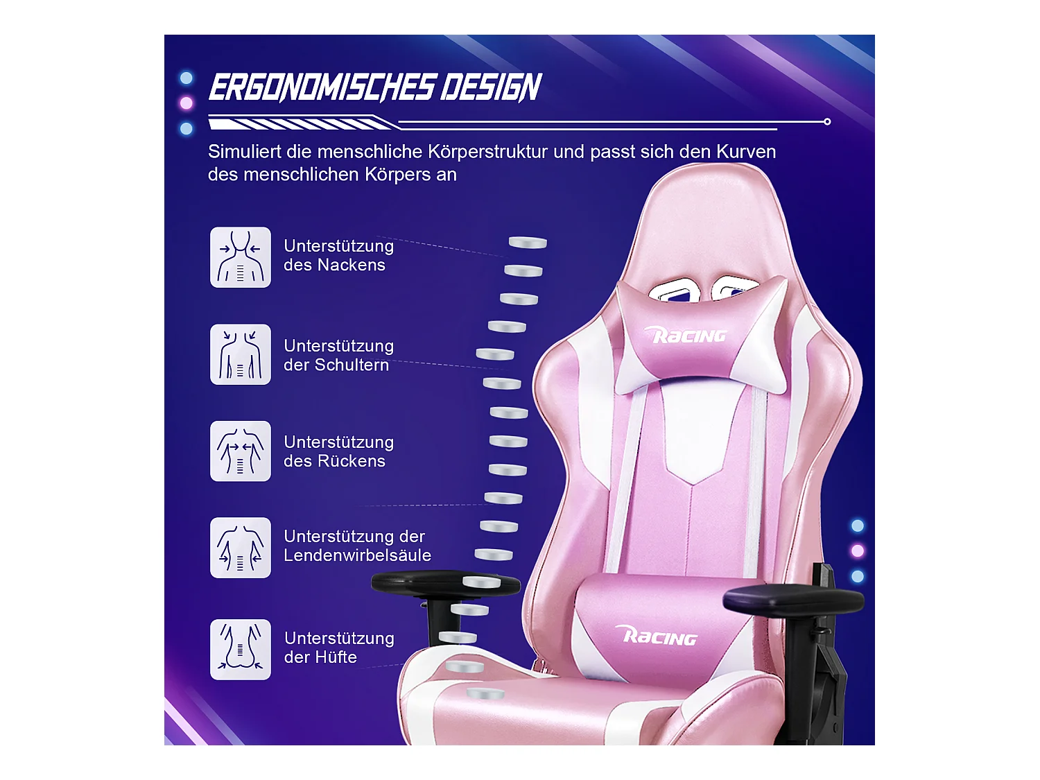 Gaming-Stuhl - ergonomisch Gaming-Stuhl mit Wippfunktion - Gaming Stuhl mit verstellbaren Lendenkissen - Armlehne und Kopfstütze - Bequeme Sitzkissen - 150 kg