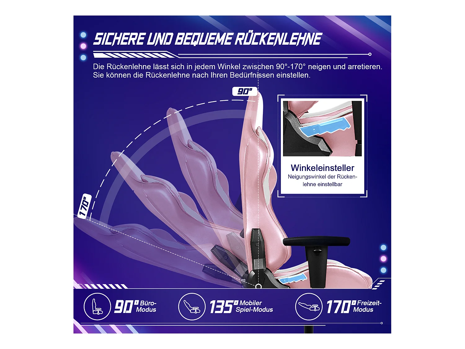 Gaming-Stuhl - ergonomisch Gaming-Stuhl mit Wippfunktion - Gaming Stuhl mit verstellbaren Lendenkissen - Armlehne und Kopfstütze - Bequeme Sitzkissen - 150 kg