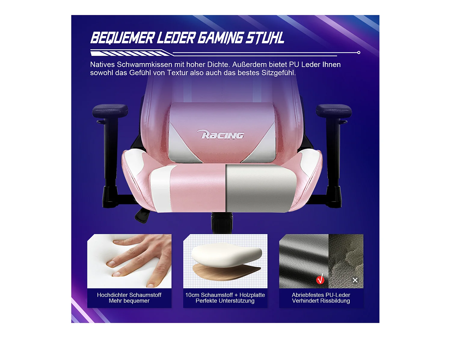 Gaming-Stuhl - ergonomisch Gaming-Stuhl mit Wippfunktion - Gaming Stuhl mit verstellbaren Lendenkissen - Armlehne und Kopfstütze - Bequeme Sitzkissen - 150 kg