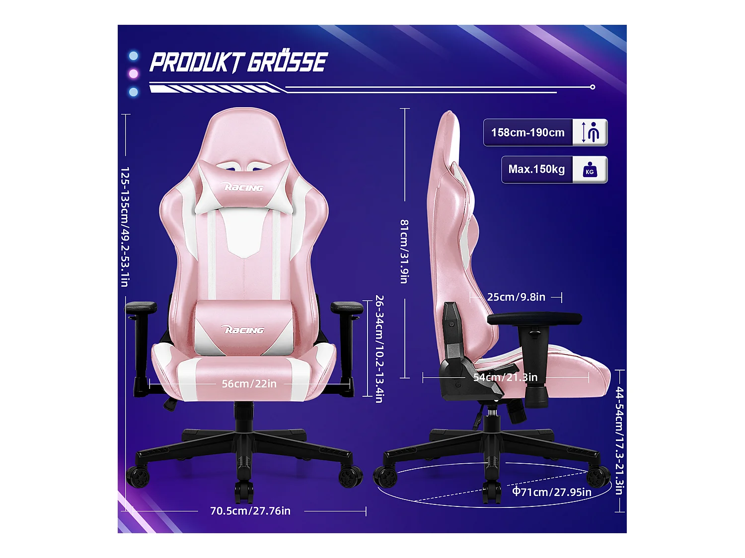 Gaming-Stuhl - ergonomisch Gaming-Stuhl mit Wippfunktion - Gaming Stuhl mit verstellbaren Lendenkissen - Armlehne und Kopfstütze - Bequeme Sitzkissen - 150 kg