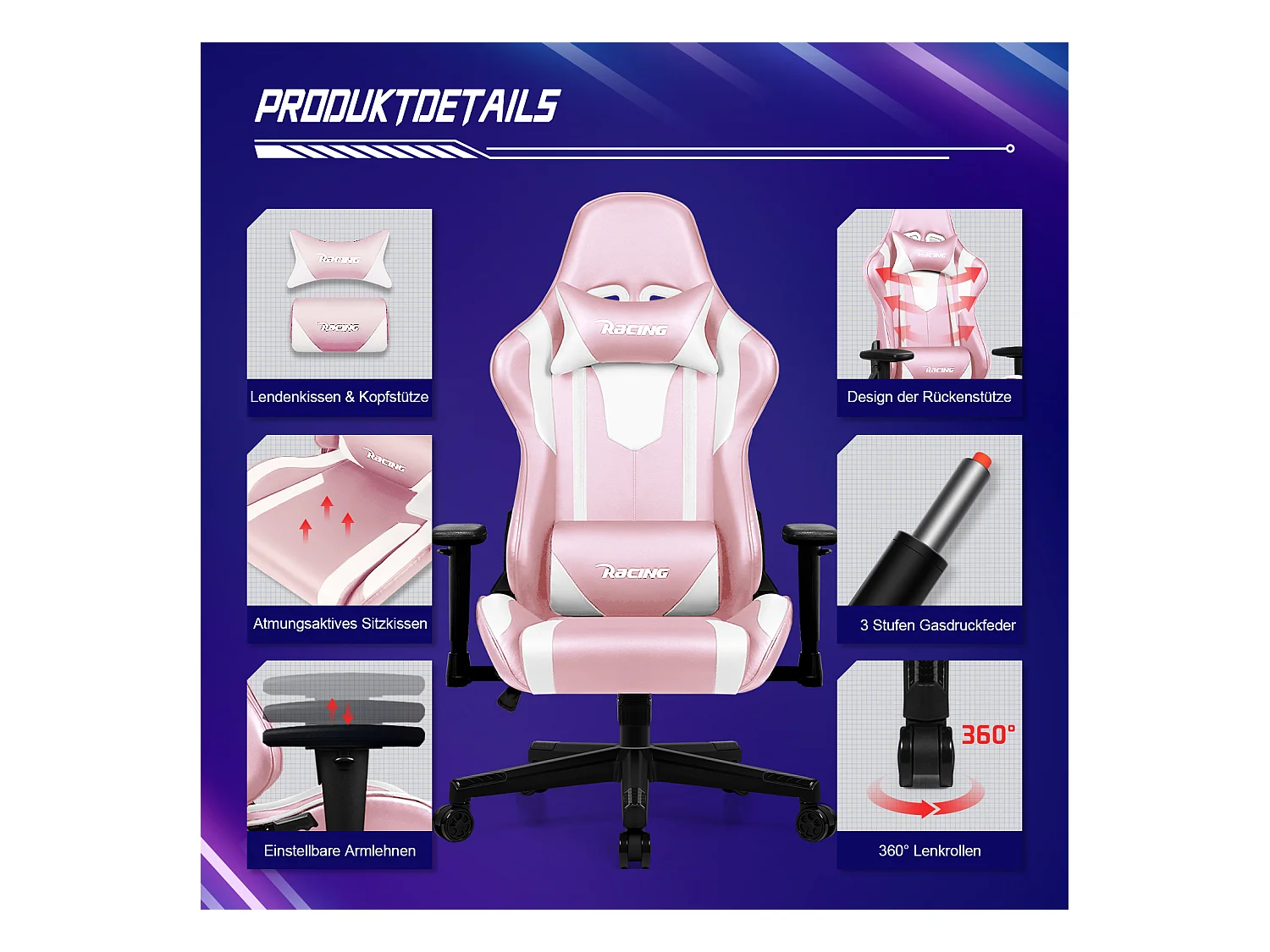 Gaming-Stuhl - ergonomisch Gaming-Stuhl mit Wippfunktion - Gaming Stuhl mit verstellbaren Lendenkissen - Armlehne und Kopfstütze - Bequeme Sitzkissen - 150 kg