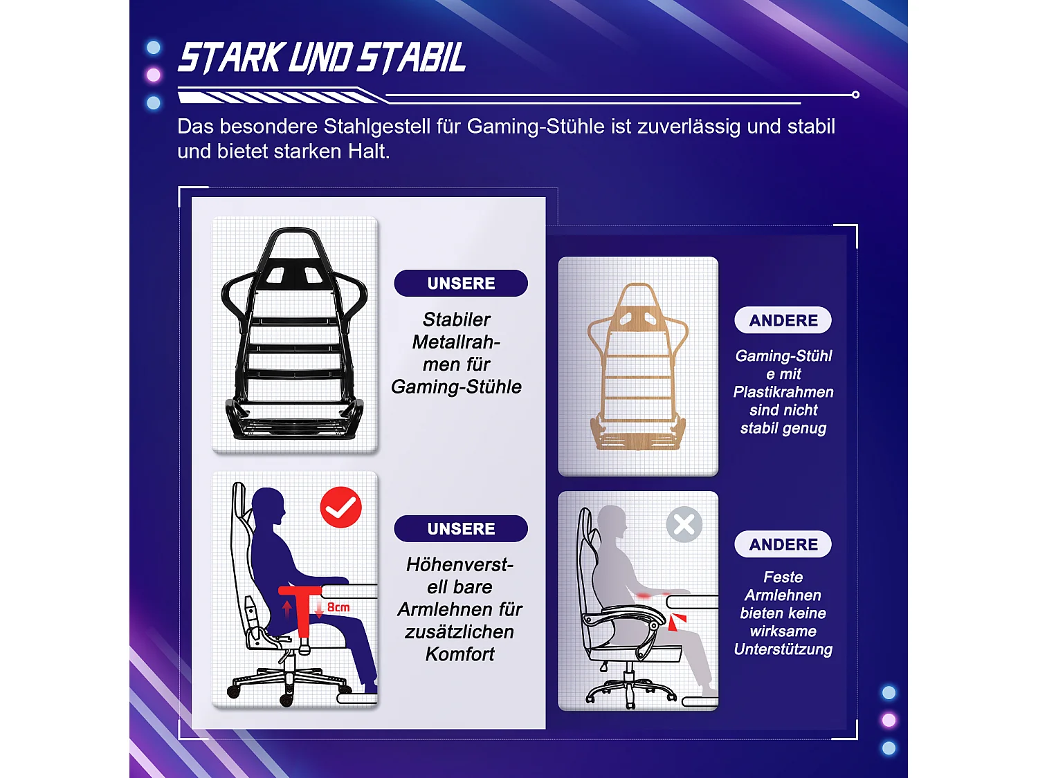 Gaming-Stuhl - ergonomisch Gaming-Stuhl mit Wippfunktion - Gaming Stuhl mit verstellbaren Lendenkissen - Armlehne und Kopfstütze - Bequeme Sitzkissen - 150 kg