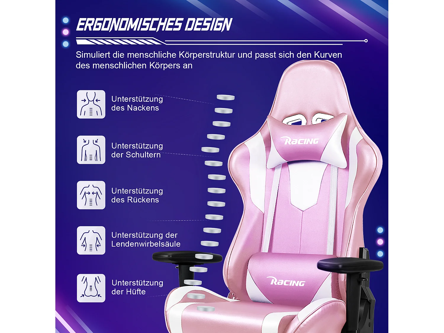 Gaming-Stuhl - ergonomisch Gaming-Stuhl mit Wippfunktion - Gaming Stuhl mit verstellbaren Lendenkissen - Armlehne und Kopfstütze - Bequeme Sitzkissen - 150 kg
