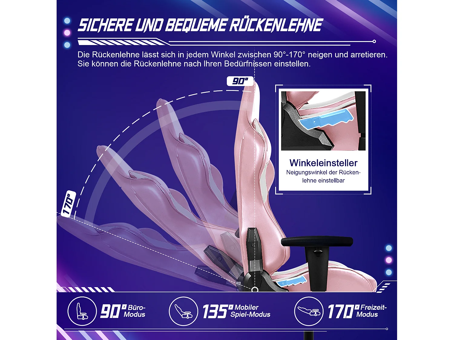 Gaming-Stuhl - ergonomisch Gaming-Stuhl mit Wippfunktion - Gaming Stuhl mit verstellbaren Lendenkissen - Armlehne und Kopfstütze - Bequeme Sitzkissen - 150 kg