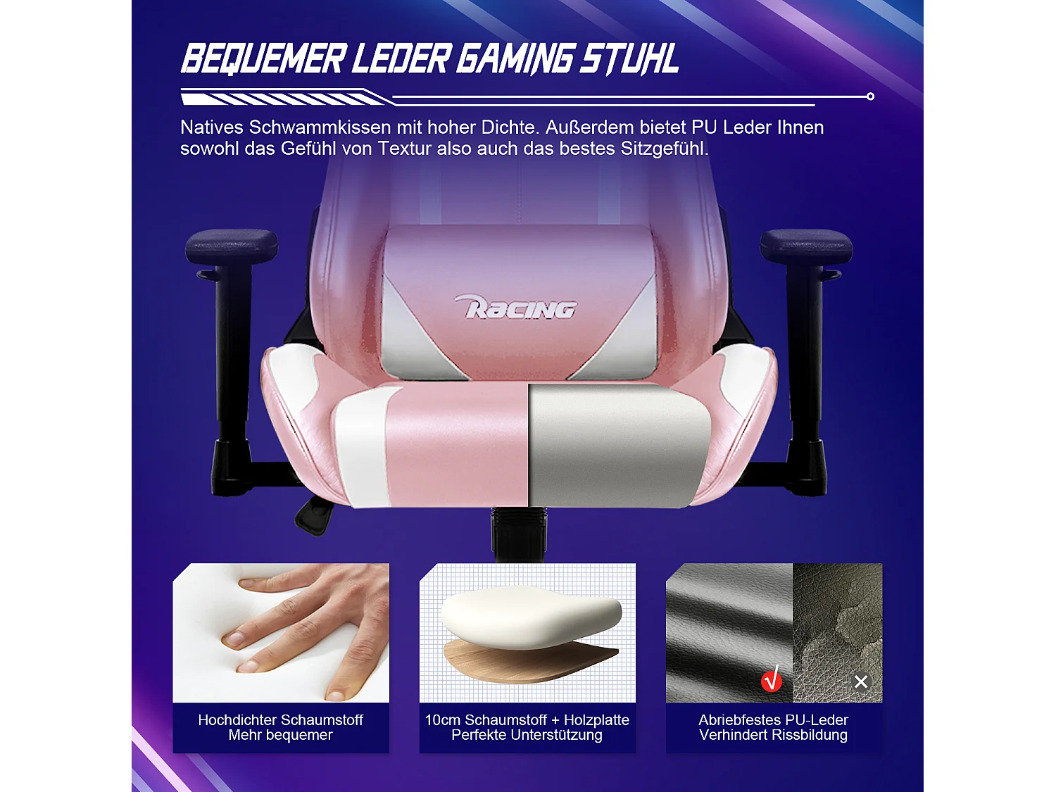 Gaming-Stuhl - ergonomisch Gaming-Stuhl mit Wippfunktion - Gaming Stuhl mit verstellbaren Lendenkissen - Armlehne und Kopfstütze - Bequeme Sitzkissen - 150 kg