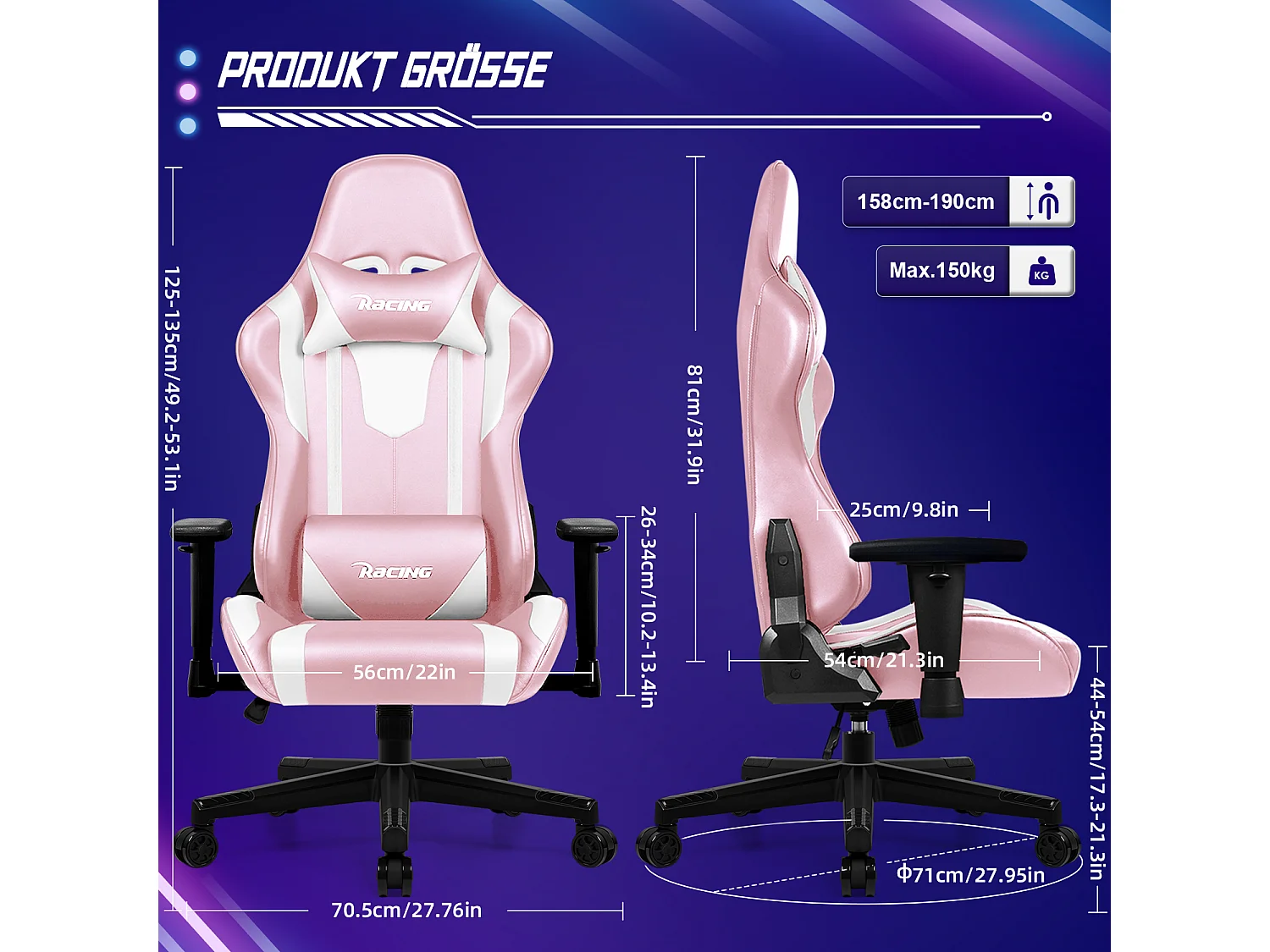 Gaming-Stuhl - ergonomisch Gaming-Stuhl mit Wippfunktion - Gaming Stuhl mit verstellbaren Lendenkissen - Armlehne und Kopfstütze - Bequeme Sitzkissen - 150 kg