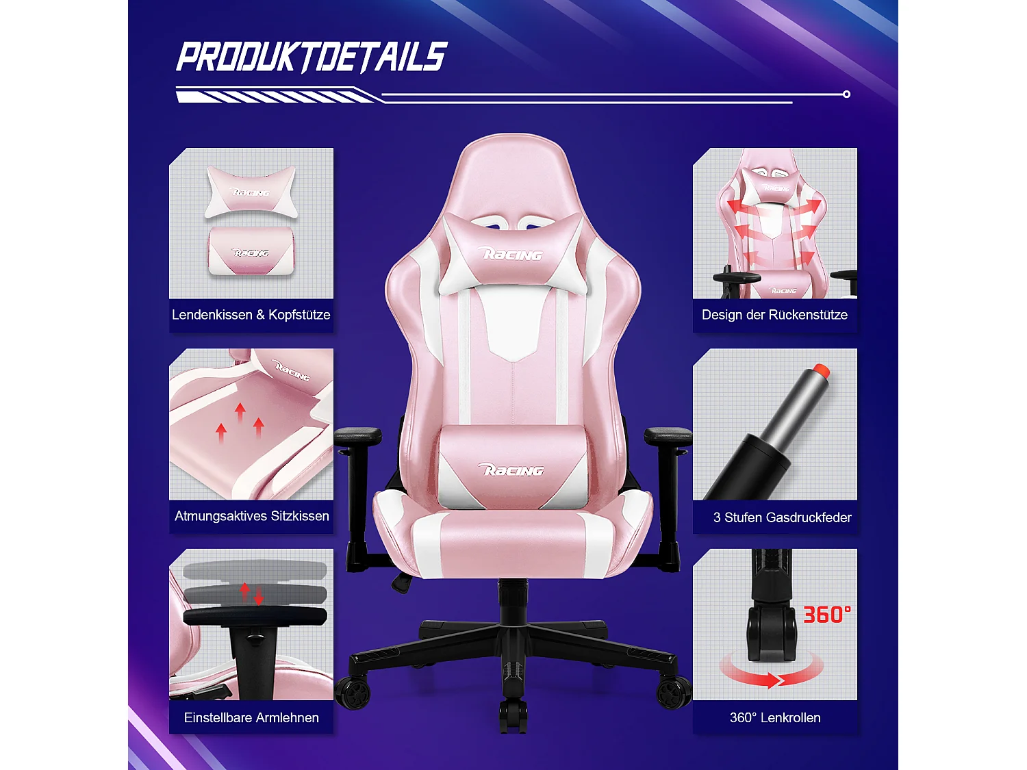 Gaming-Stuhl - ergonomisch Gaming-Stuhl mit Wippfunktion - Gaming Stuhl mit verstellbaren Lendenkissen - Armlehne und Kopfstütze - Bequeme Sitzkissen - 150 kg