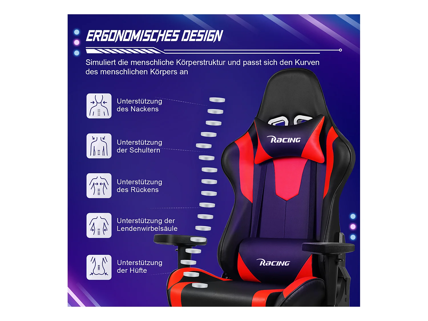 Gaming-Stuhl - ergonomisch Gaming-Stuhl mit Wippfunktion - Gaming Stuhl mit verstellbaren Lendenkissen - Armlehne und Kopfstütze - Bequeme Sitzkissen - 150 kg