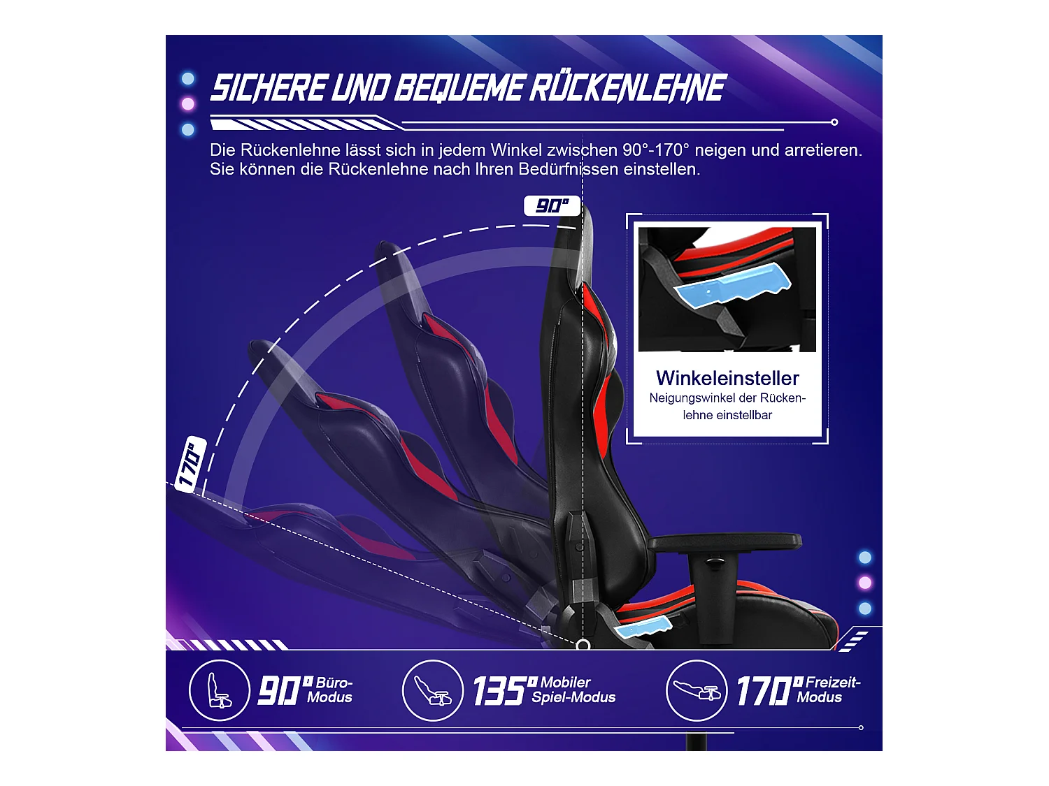 Gaming-Stuhl - ergonomisch Gaming-Stuhl mit Wippfunktion - Gaming Stuhl mit verstellbaren Lendenkissen - Armlehne und Kopfstütze - Bequeme Sitzkissen - 150 kg