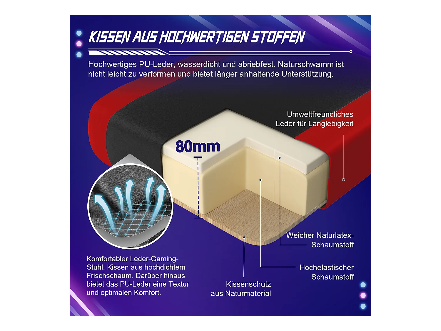 Gaming-Stuhl - ergonomisch Gaming-Stuhl mit Wippfunktion - Gaming Stuhl mit verstellbaren Lendenkissen - Armlehne und Kopfstütze - Bequeme Sitzkissen - 150 kg
