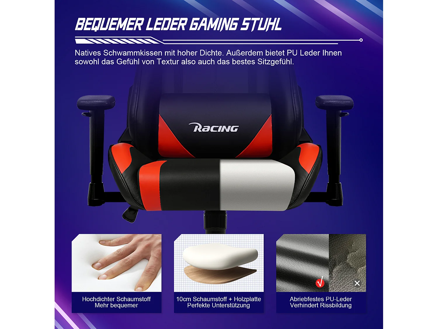 Gaming-Stuhl - ergonomisch Gaming-Stuhl mit Wippfunktion - Gaming Stuhl mit verstellbaren Lendenkissen - Armlehne und Kopfstütze - Bequeme Sitzkissen - 150 kg
