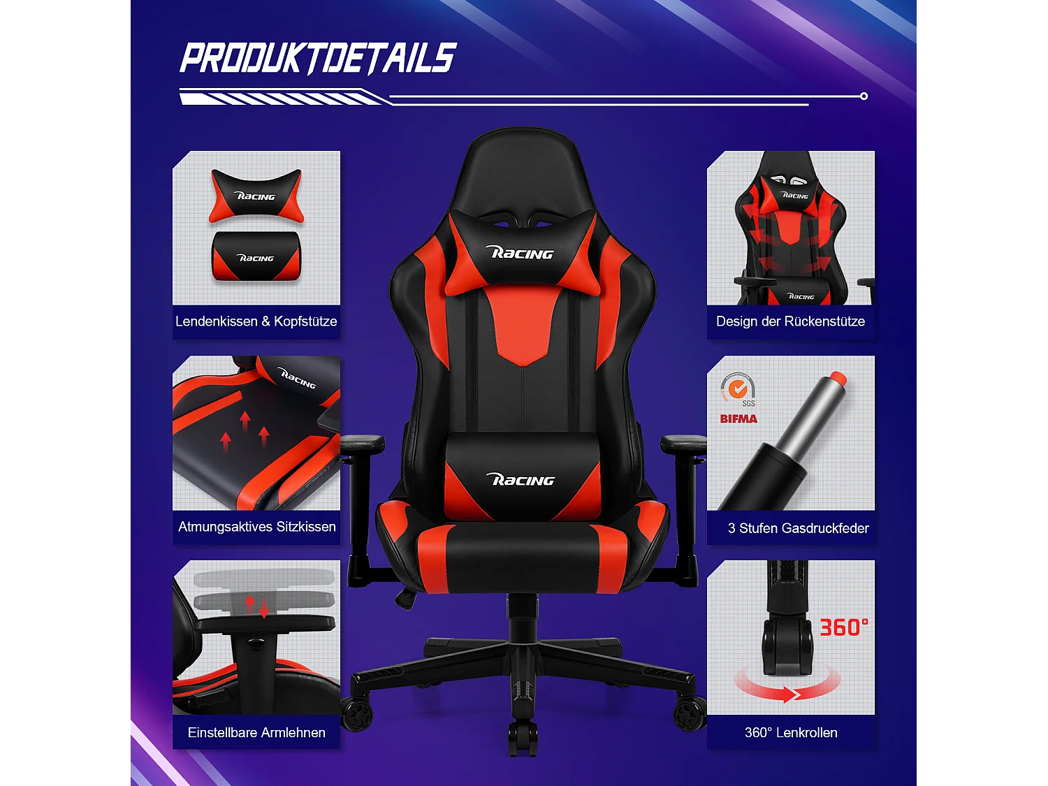 Gaming-Stuhl - ergonomisch Gaming-Stuhl mit Wippfunktion - Gaming Stuhl mit verstellbaren Lendenkissen - Armlehne und Kopfstütze - Bequeme Sitzkissen - 150 kg
