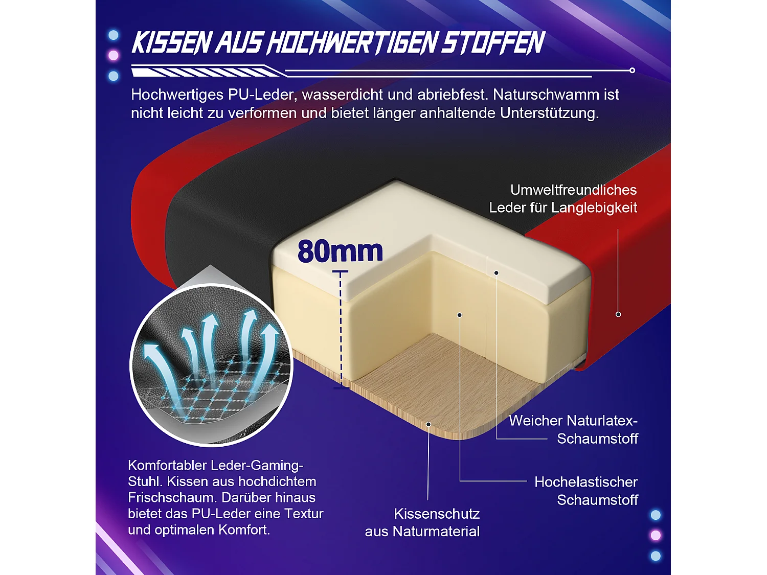 Gaming-Stuhl - ergonomisch Gaming-Stuhl mit Wippfunktion - Gaming Stuhl mit verstellbaren Lendenkissen - Armlehne und Kopfstütze - Bequeme Sitzkissen - 150 kg