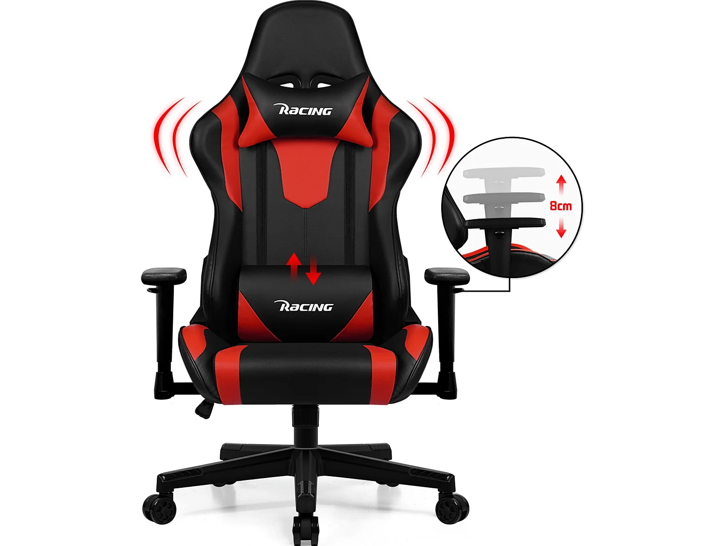 Fauteuil gaming - Fauteuil gaming ergonomique avec fonction bascule - Fauteuil gaming avec coussin lombaire réglable - Accoudoirs et appui-tête - Coussin d'assise c