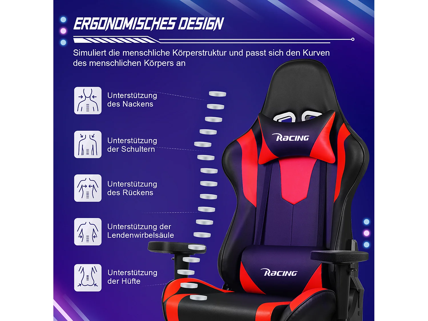 Fauteuil gaming - Fauteuil gaming ergonomique avec fonction bascule - Fauteuil gaming avec coussin lombaire réglable - Accoudoirs et appui-tête - Coussin d'assise c