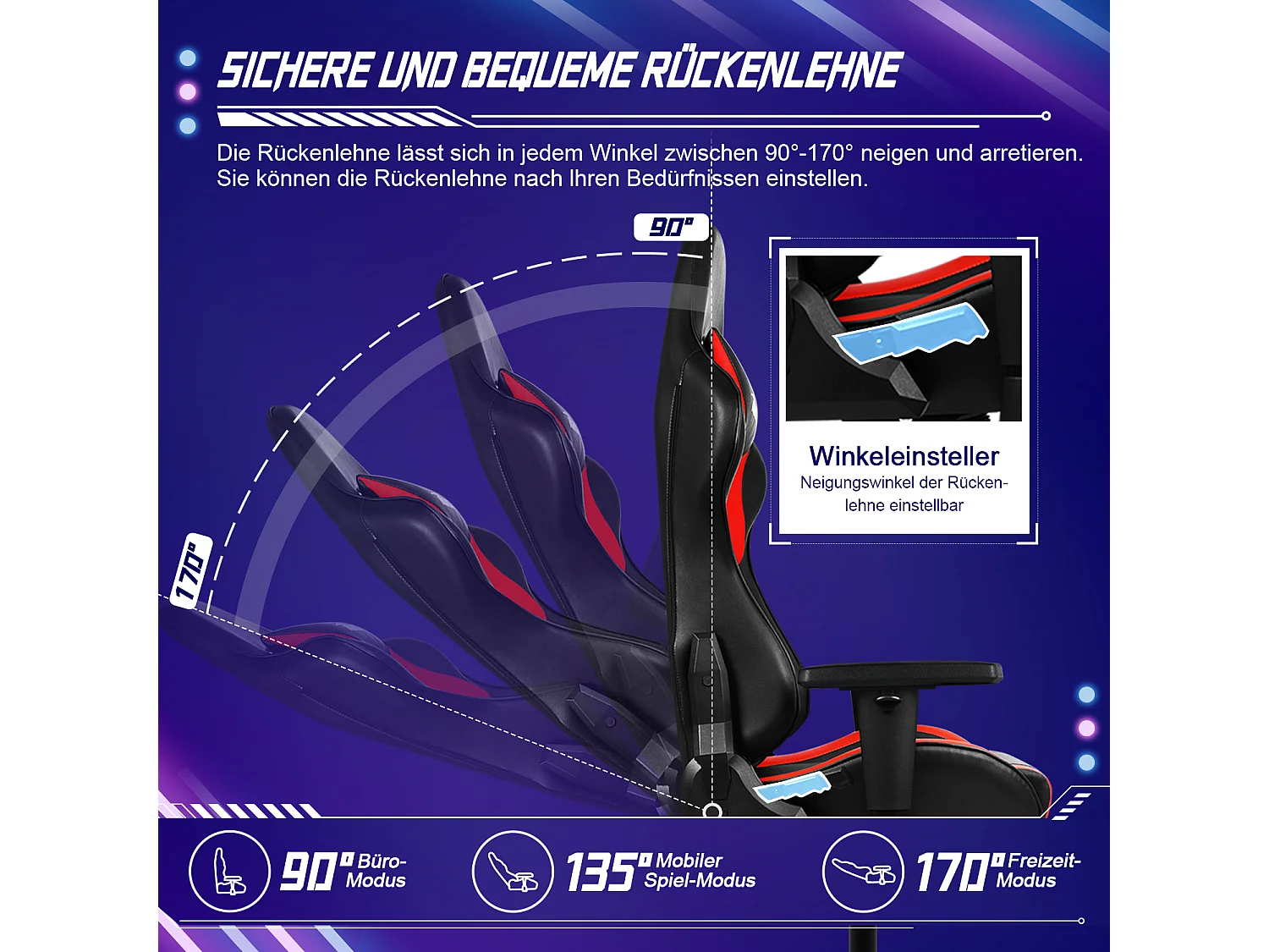 Fauteuil gaming - Fauteuil gaming ergonomique avec fonction bascule - Fauteuil gaming avec coussin lombaire réglable - Accoudoirs et appui-tête - Coussin d'assise c
