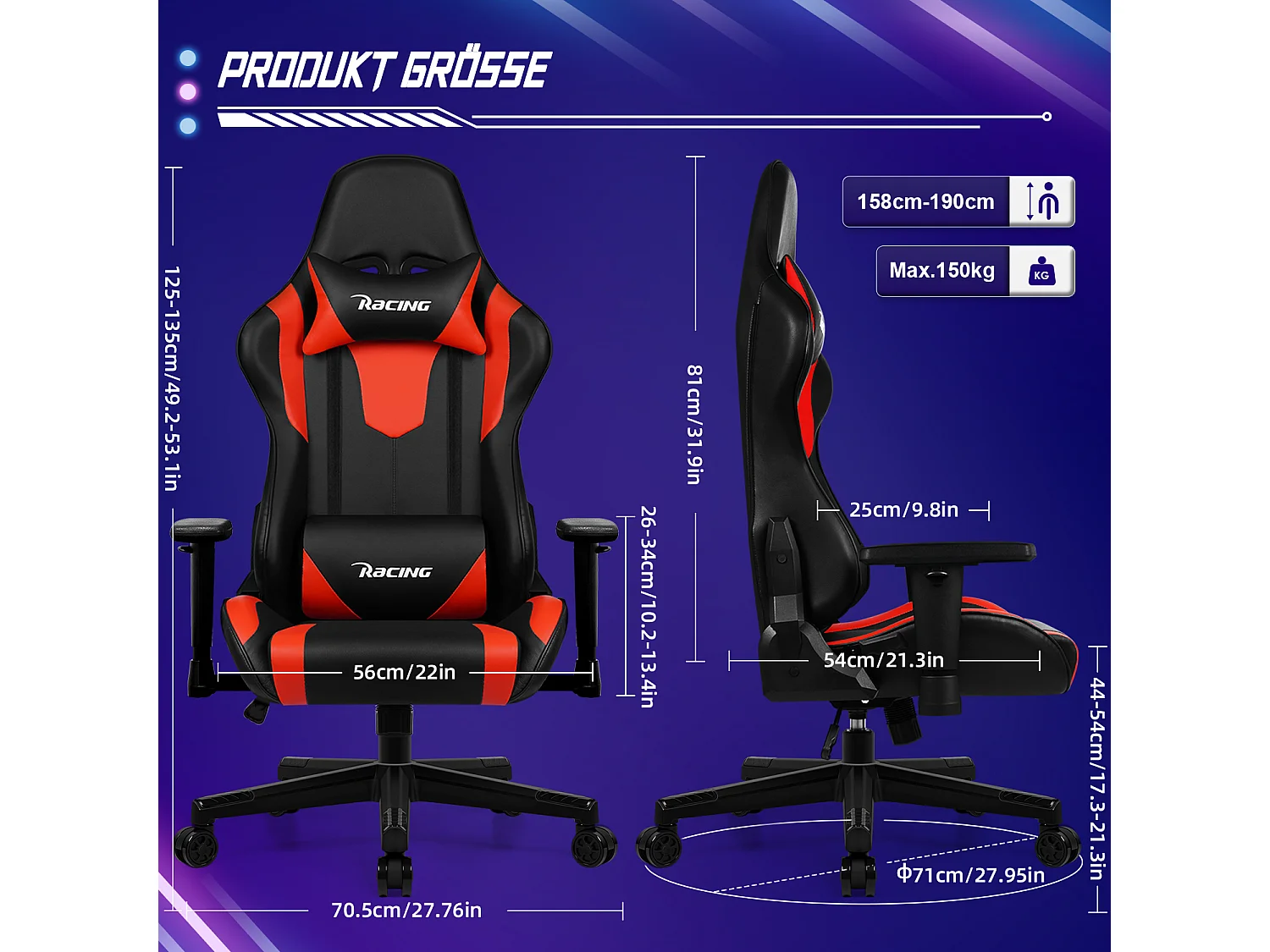 Fauteuil gaming - Fauteuil gaming ergonomique avec fonction bascule - Fauteuil gaming avec coussin lombaire réglable - Accoudoirs et appui-tête - Coussin d'assise c