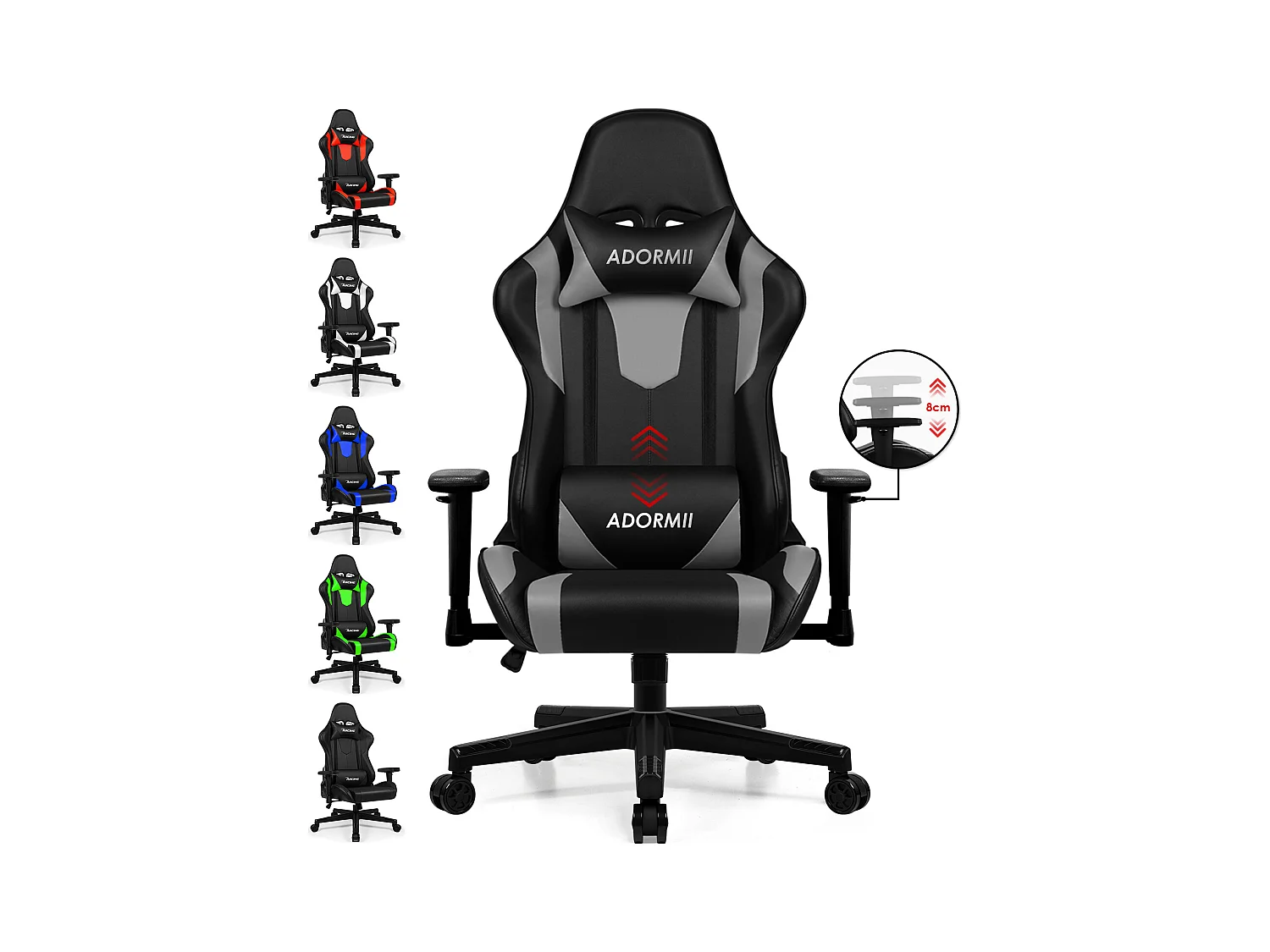 Gaming-Stuhl - ergonomisch Gaming-Stuhl mit Wippfunktion - Gaming Stuhl mit verstellbaren Lendenkissen - Armlehne und Kopfstütze - Bequeme Sitzkissen - 150 kg