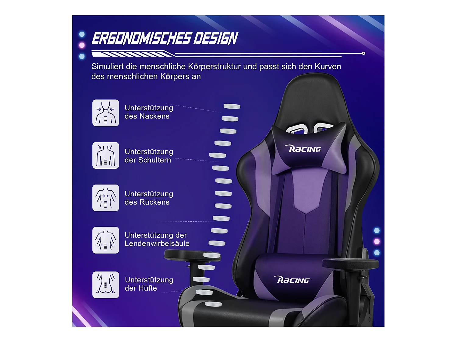 Gaming-Stuhl - ergonomisch Gaming-Stuhl mit Wippfunktion - Gaming Stuhl mit verstellbaren Lendenkissen - Armlehne und Kopfstütze - Bequeme Sitzkissen - 150 kg