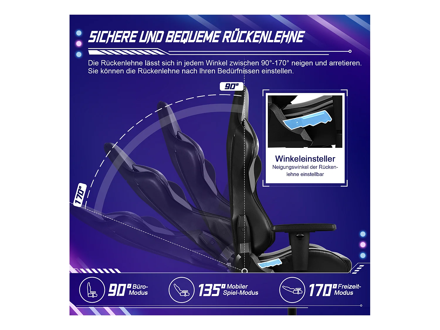 Gaming-Stuhl - ergonomisch Gaming-Stuhl mit Wippfunktion - Gaming Stuhl mit verstellbaren Lendenkissen - Armlehne und Kopfstütze - Bequeme Sitzkissen - 150 kg