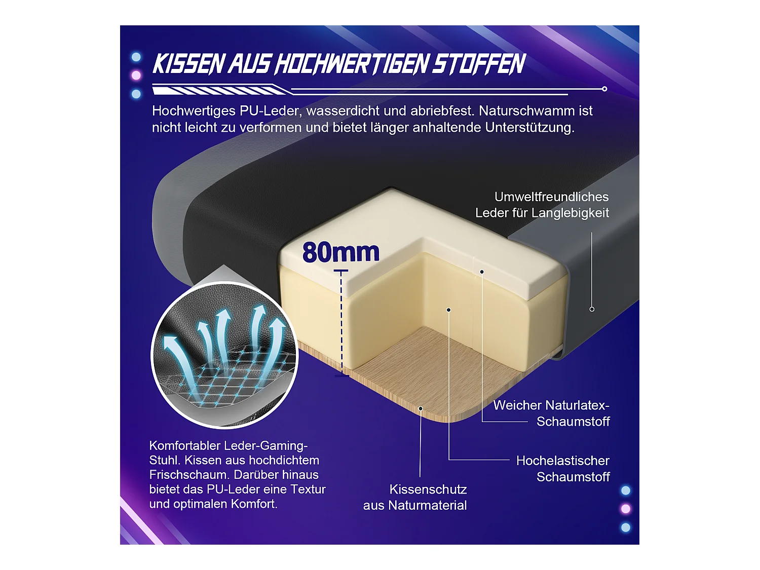 Gaming-Stuhl - ergonomisch Gaming-Stuhl mit Wippfunktion - Gaming Stuhl mit verstellbaren Lendenkissen - Armlehne und Kopfstütze - Bequeme Sitzkissen - 150 kg