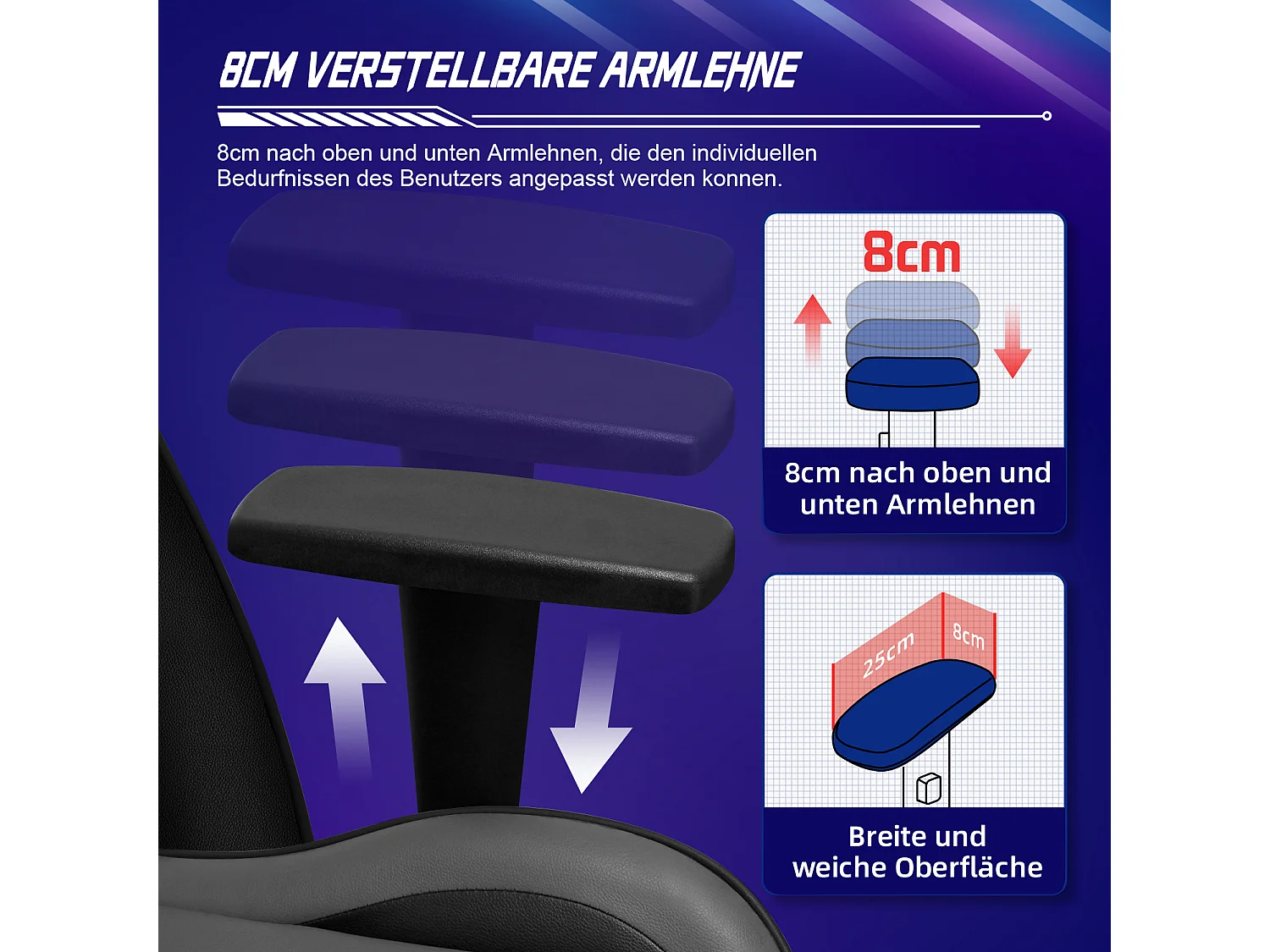 Gaming-Stuhl - ergonomisch Gaming-Stuhl mit Wippfunktion - Gaming Stuhl mit verstellbaren Lendenkissen - Armlehne und Kopfstütze - Bequeme Sitzkissen - 150 kg