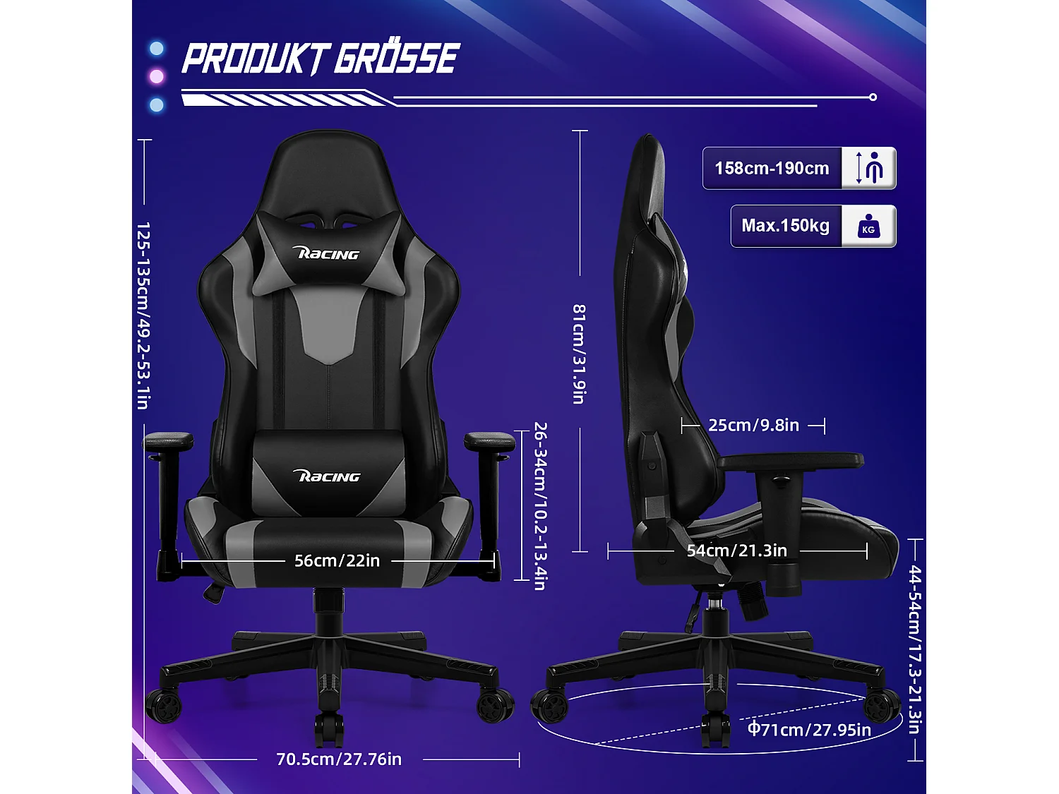 Gaming-Stuhl - ergonomisch Gaming-Stuhl mit Wippfunktion - Gaming Stuhl mit verstellbaren Lendenkissen - Armlehne und Kopfstütze - Bequeme Sitzkissen - 150 kg