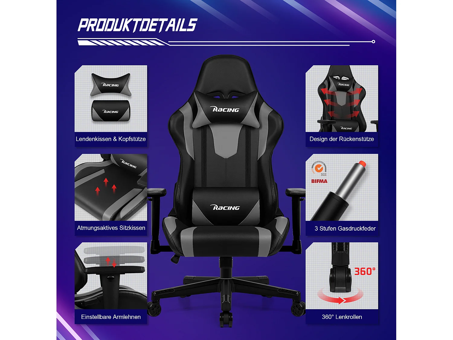 Gaming-Stuhl - ergonomisch Gaming-Stuhl mit Wippfunktion - Gaming Stuhl mit verstellbaren Lendenkissen - Armlehne und Kopfstütze - Bequeme Sitzkissen - 150 kg