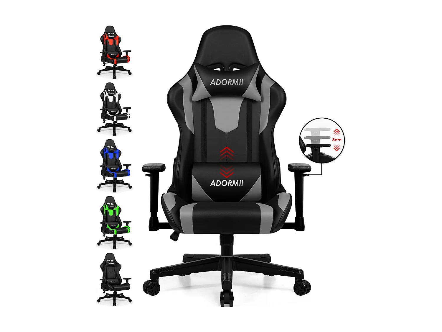 Fauteuil gaming - Fauteuil gaming ergonomique avec fonction bascule - Fauteuil gaming avec coussin lombaire réglable - Accoudoirs et appui-tête - Coussin d'assise c