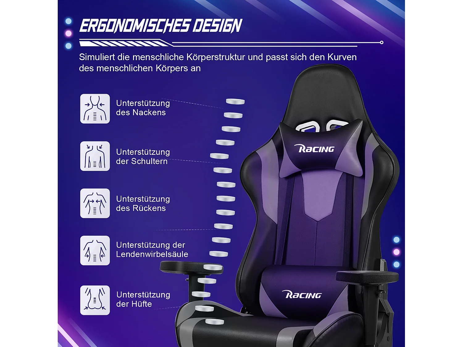 Fauteuil gaming - Fauteuil gaming ergonomique avec fonction bascule - Fauteuil gaming avec coussin lombaire réglable - Accoudoirs et appui-tête - Coussin d'assise c