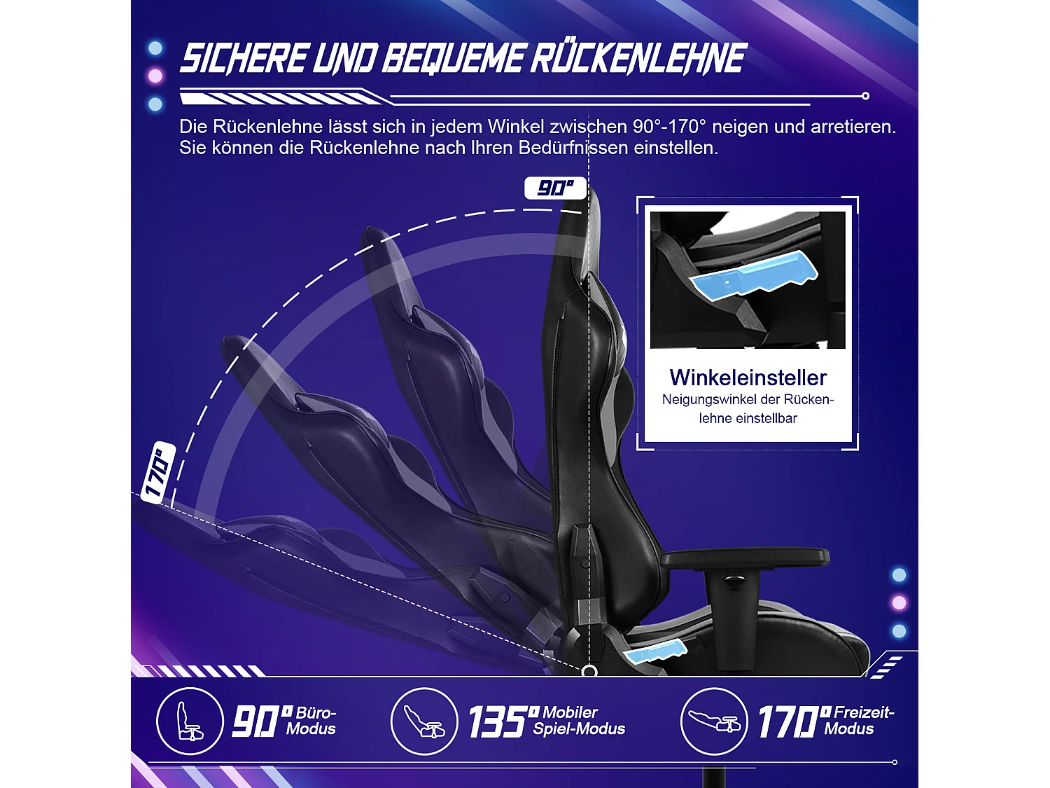 Fauteuil gaming - Fauteuil gaming ergonomique avec fonction bascule - Fauteuil gaming avec coussin lombaire réglable - Accoudoirs et appui-tête - Coussin d'assise c