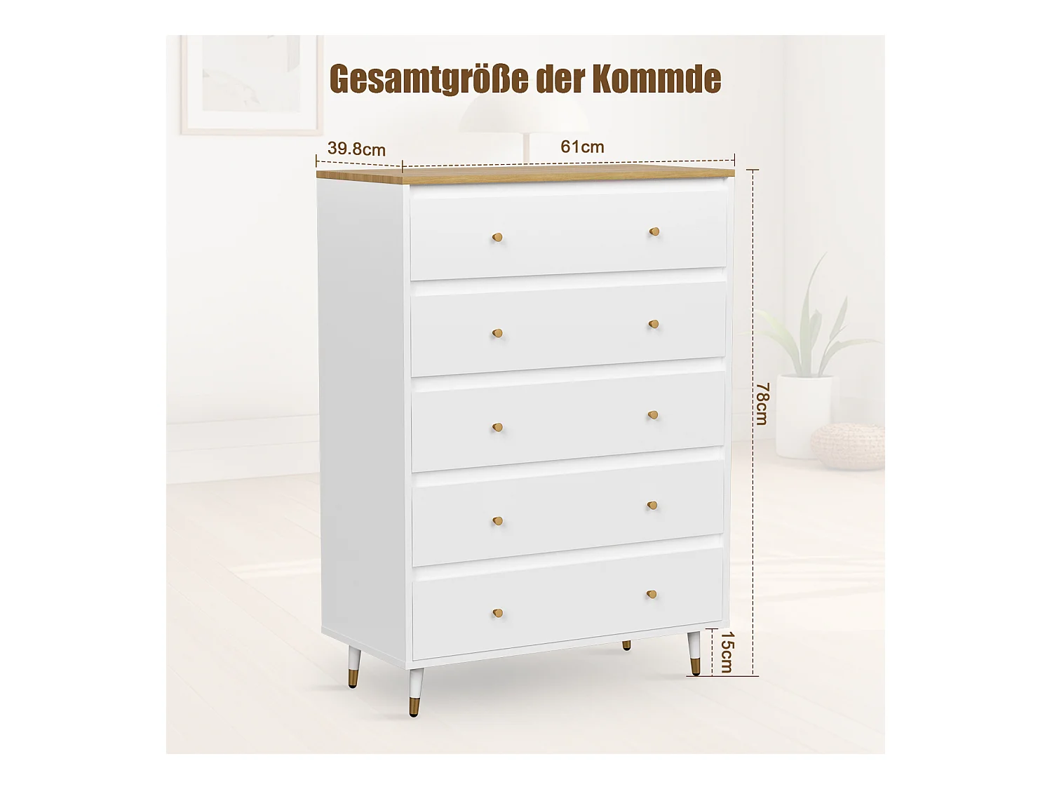 Kommode mit 5 Schubladen - Modernes Massivholz Sideboard für das Schlafzimmer - Wohnzimmer - Flur und Büro - Viele Farbvarianten und Stauraum