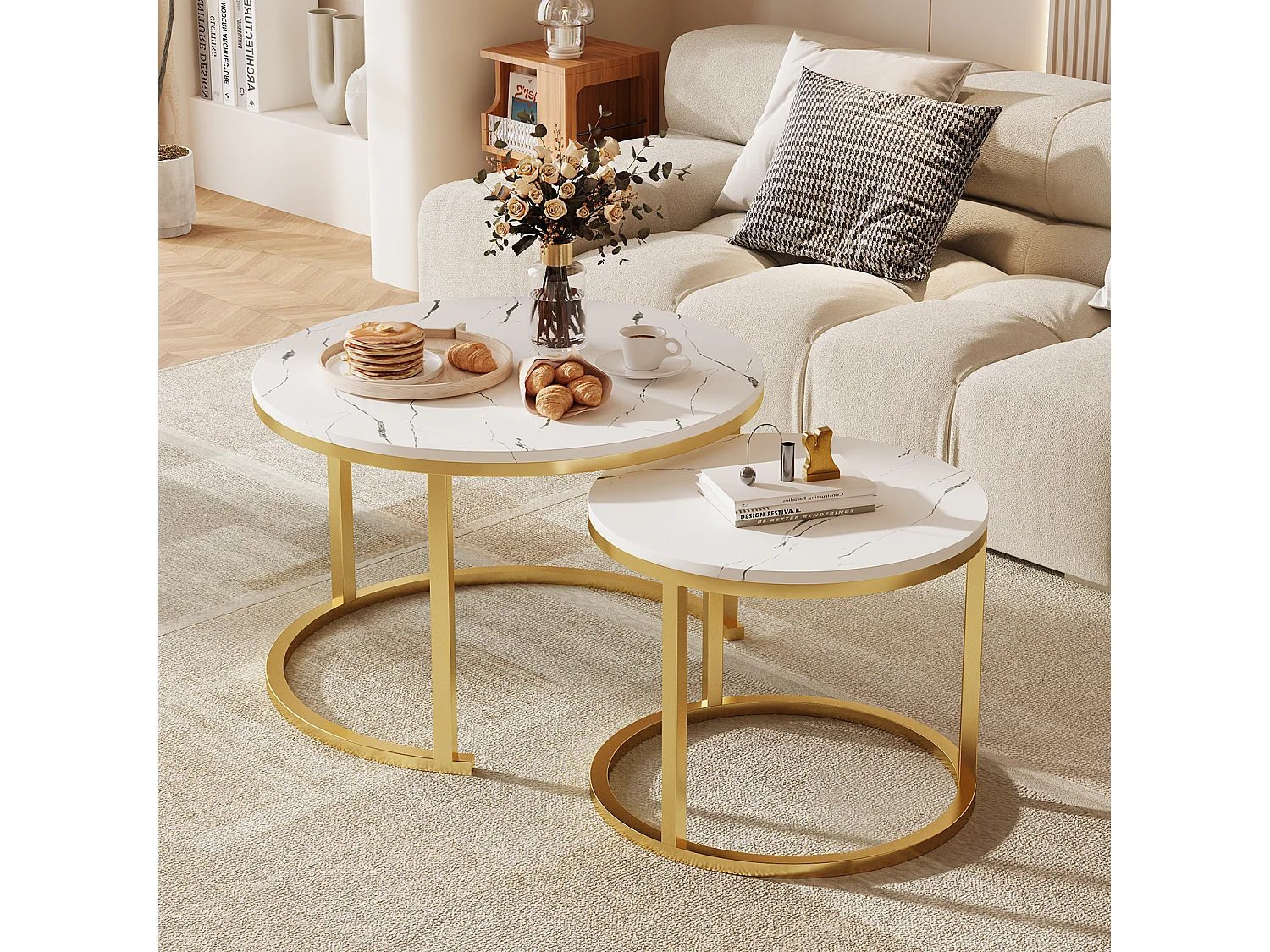 Couchtisch-Couchtisch-Set - Marmor-Optik - glänzende Optik-Weiß