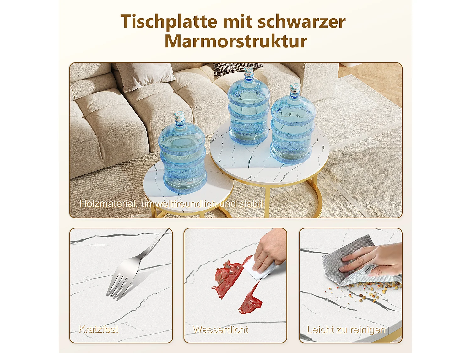 Couchtisch-Couchtisch-Set - Marmor-Optik - glänzende Optik-Weiß