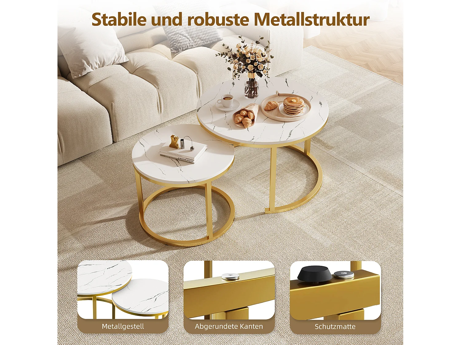 Couchtisch-Couchtisch-Set - Marmor-Optik - glänzende Optik-Weiß