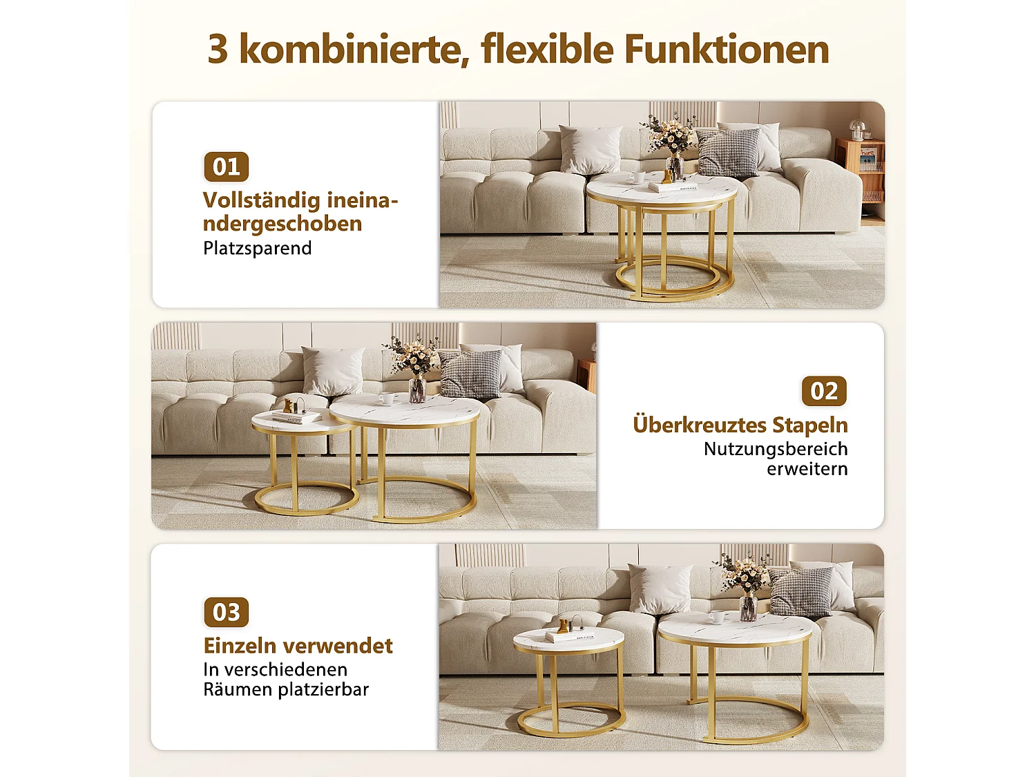 Couchtisch-Couchtisch-Set - Marmor-Optik - glänzende Optik-Weiß