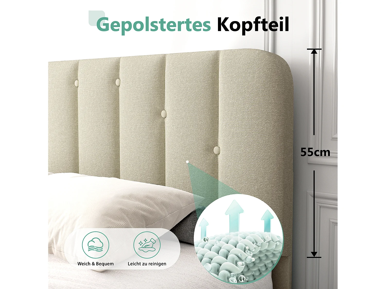 Lit rembourré Lit rembourré 140 x 200 cm avec sommier à lattes - Lit double Cadre de lit avec tête de lit - Lit rembourré Cadre de lit