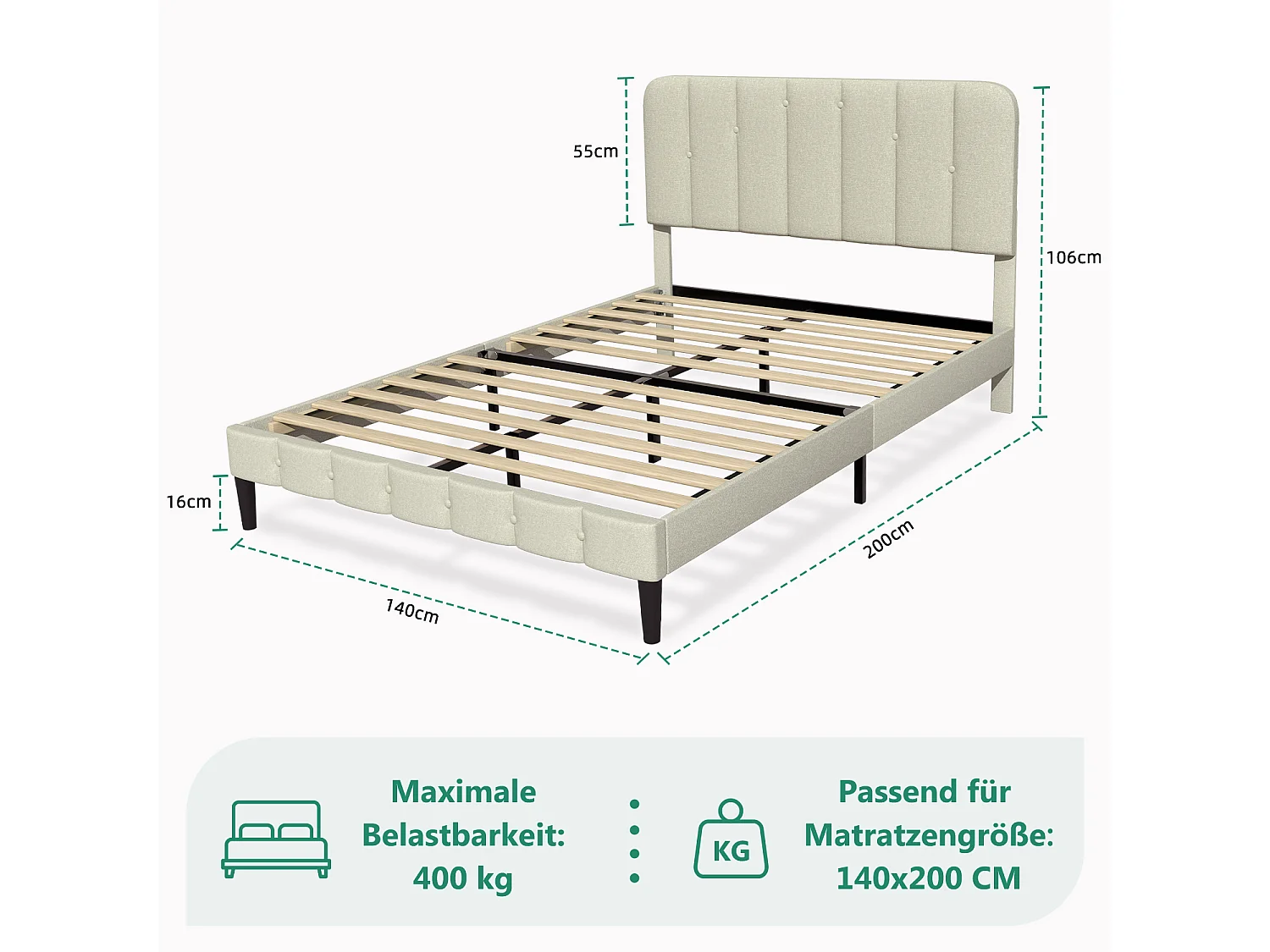 Lit rembourré Lit rembourré 140 x 200 cm avec sommier à lattes - Lit double Cadre de lit avec tête de lit - Lit rembourré Cadre de lit