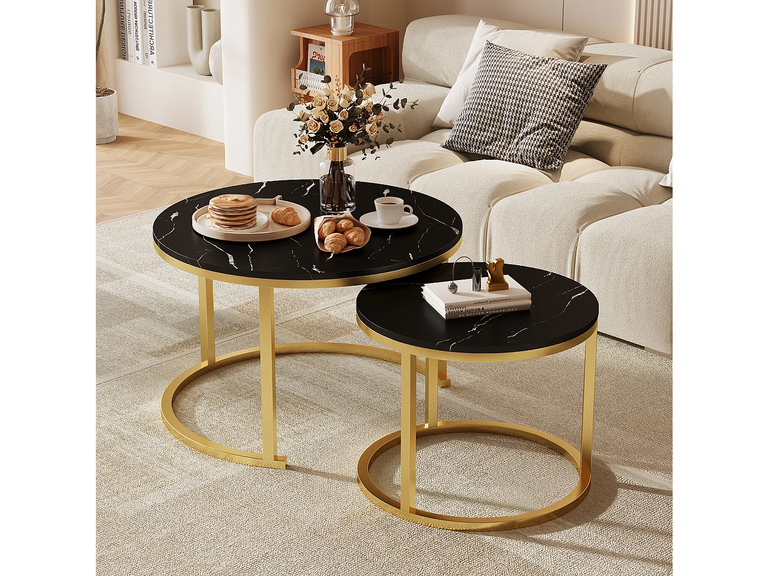 Couchtisch - Couchtisch-Set - Furnier mit Marmormuster - glänzende Optik - schwarz