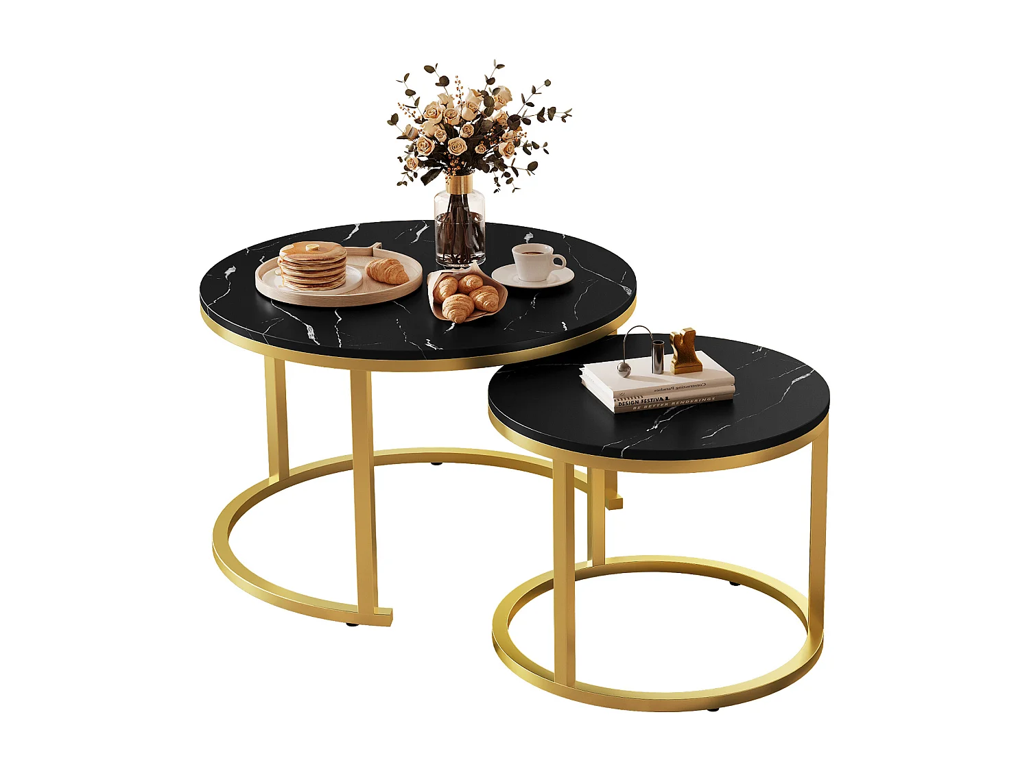 Couchtisch - Couchtisch-Set - Furnier mit Marmormuster - glänzende Optik - schwarz