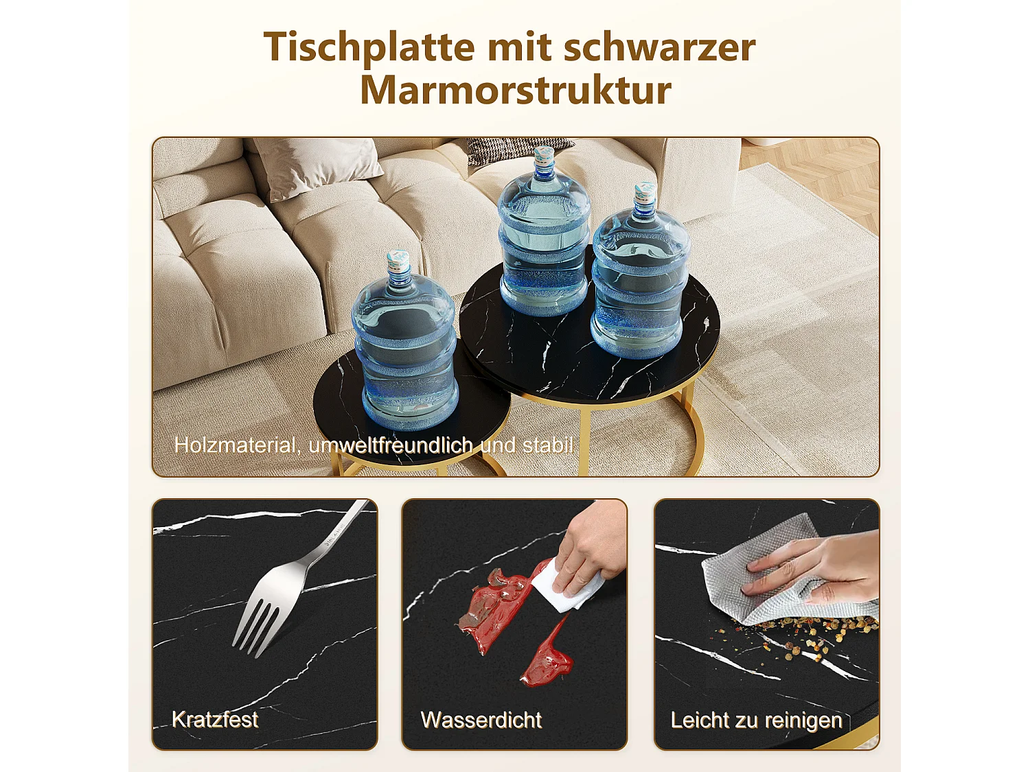 Couchtisch - Couchtisch-Set - Furnier mit Marmormuster - glänzende Optik - schwarz