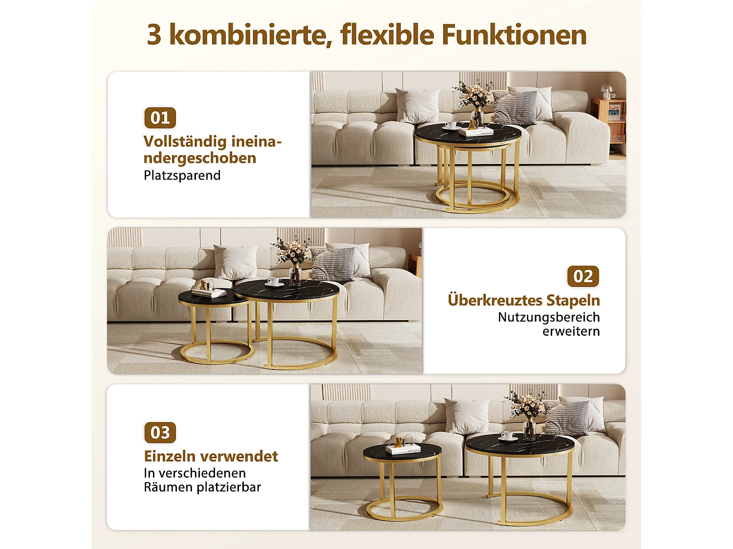 Couchtisch - Couchtisch-Set - Furnier mit Marmormuster - glänzende Optik - schwarz