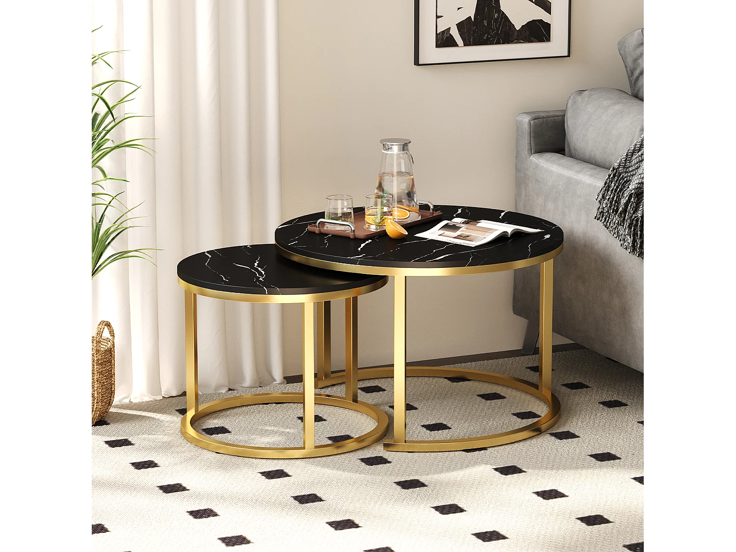 Couchtisch - Couchtisch-Set - Furnier mit Marmormuster - glänzende Optik - schwarz