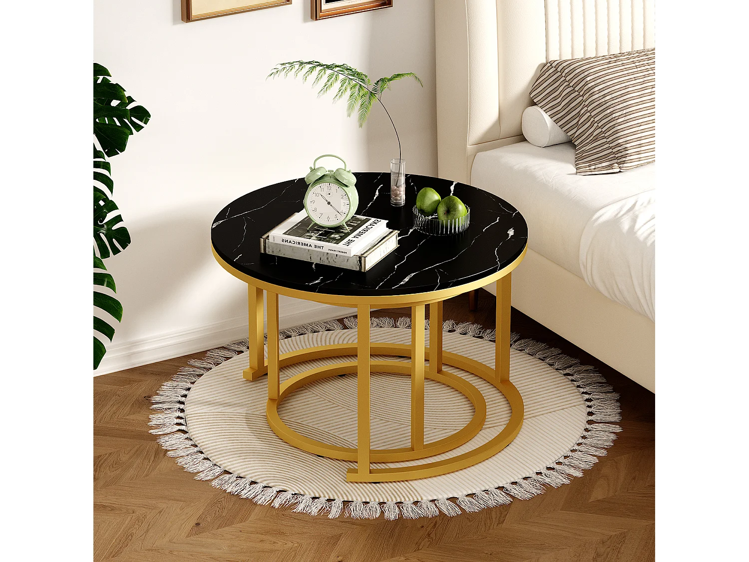 Couchtisch - Couchtisch-Set - Furnier mit Marmormuster - glänzende Optik - schwarz