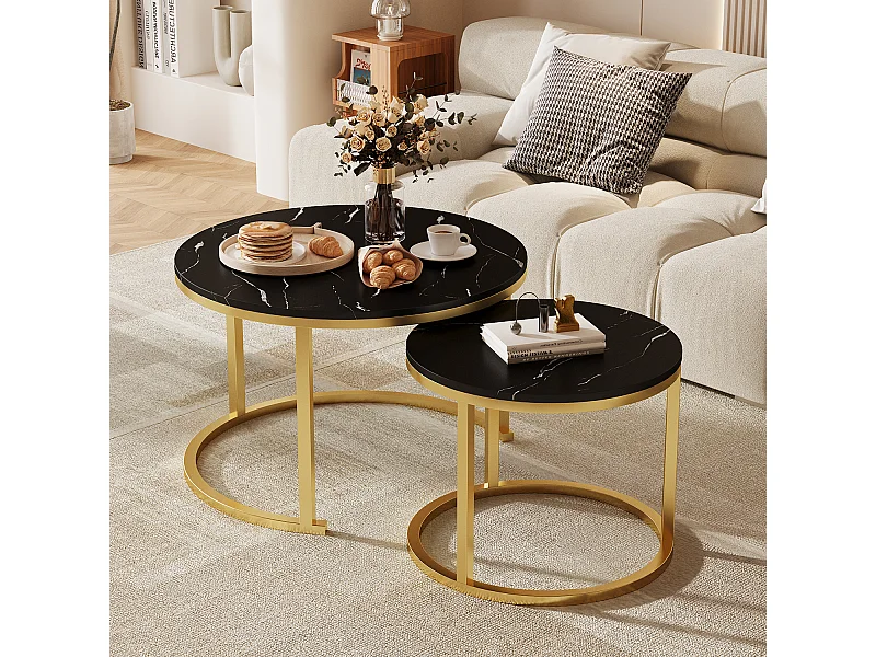 Couchtisch - Couchtisch-Set - Furnier mit Marmormuster - glänzende Optik - schwarz