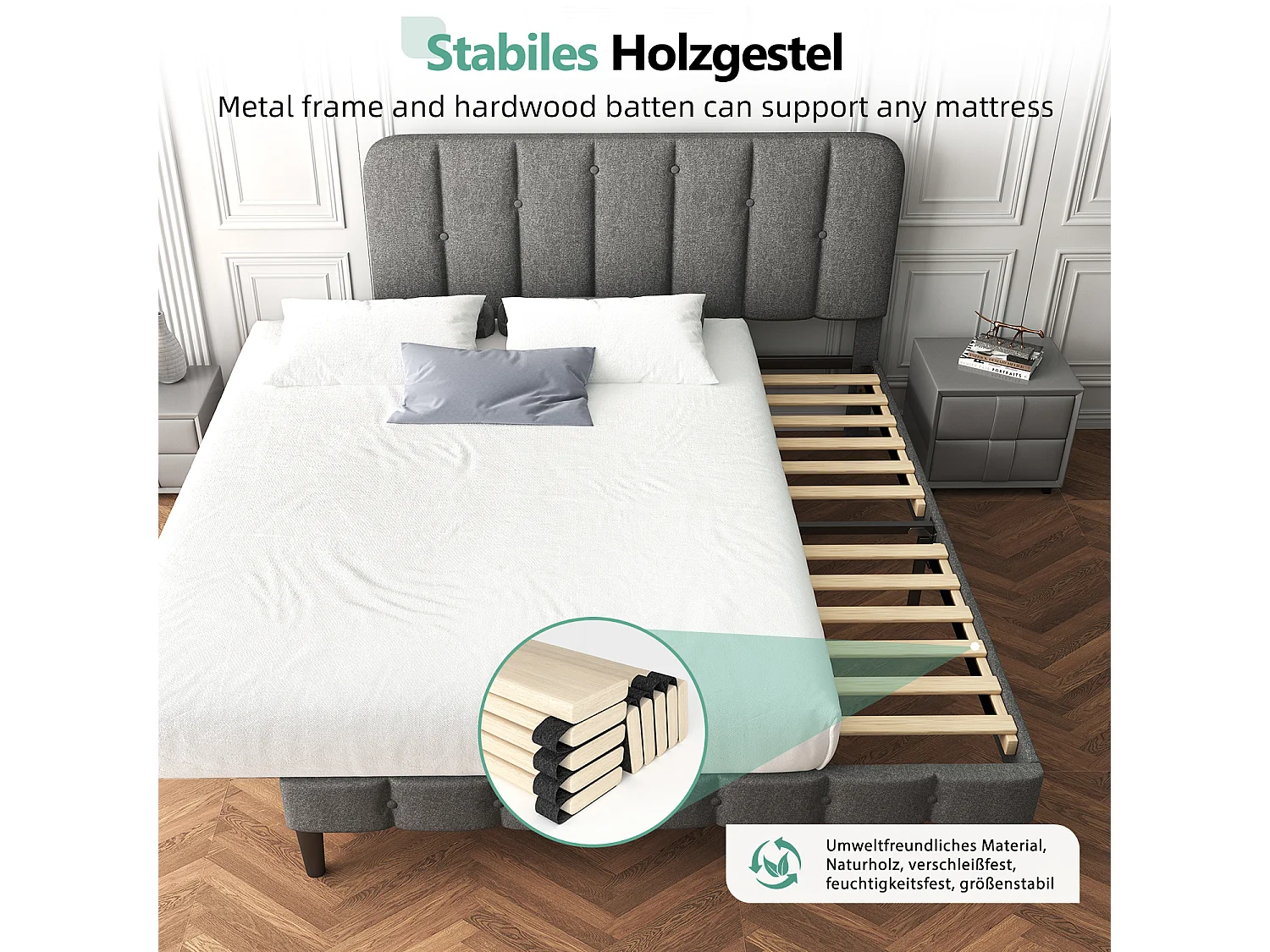 Polsterbett Polsterbett 140 x 200 cm mit Lattenrost - Doppelbett Bettrahmen mit Kopfteil - Gepolstertes Bett Bettrahmen