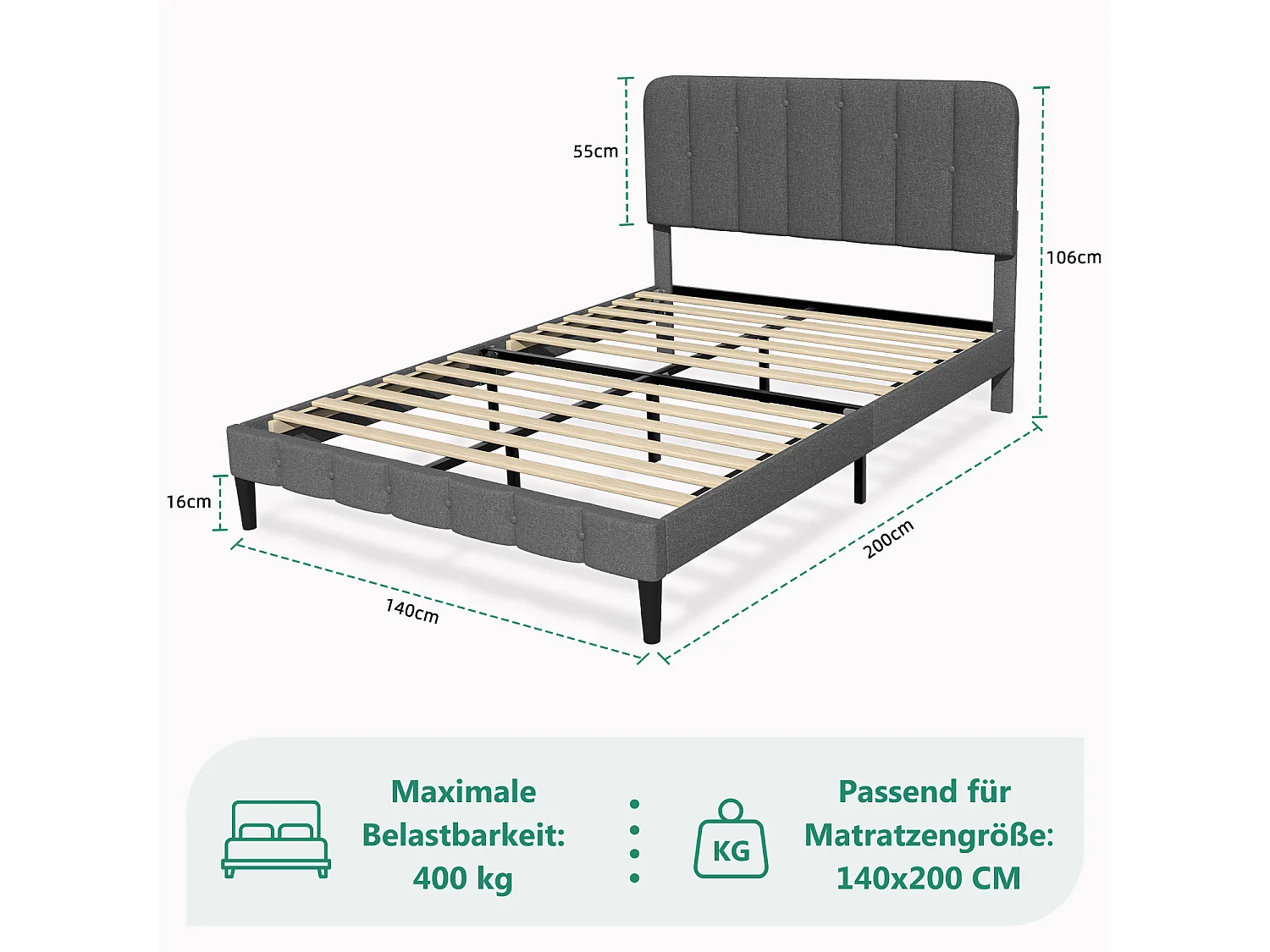 Polsterbett Polsterbett 140 x 200 cm mit Lattenrost - Doppelbett Bettrahmen mit Kopfteil - Gepolstertes Bett Bettrahmen
