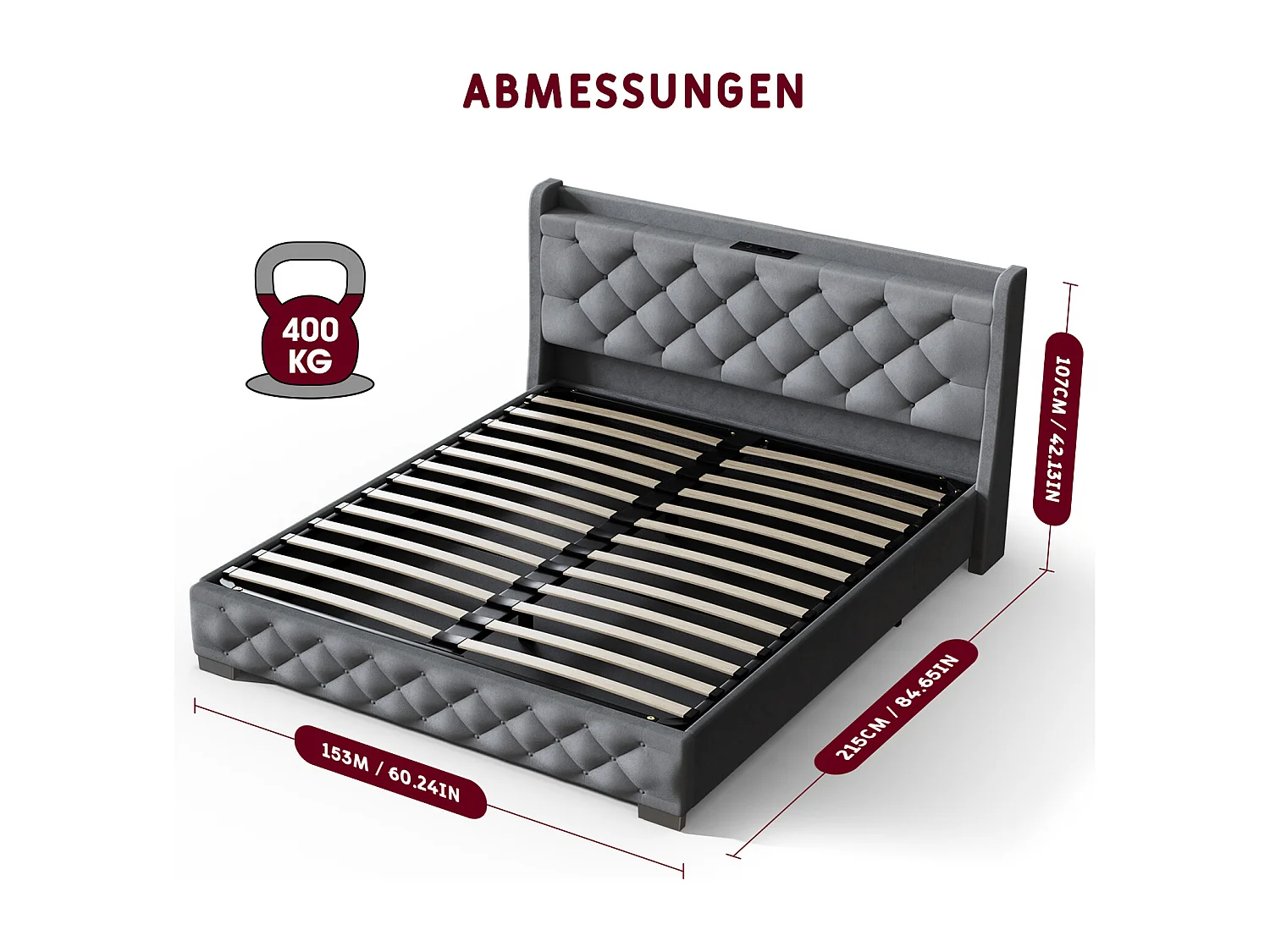 Polsterbett - Polsterbett 140 x 200 cm Bett mit Lattenrost - Doppelbett mit gepolstertem Kopfteil - Einfache Montage -  Robustes Gestell - LED-Beleuchtung und Samtb