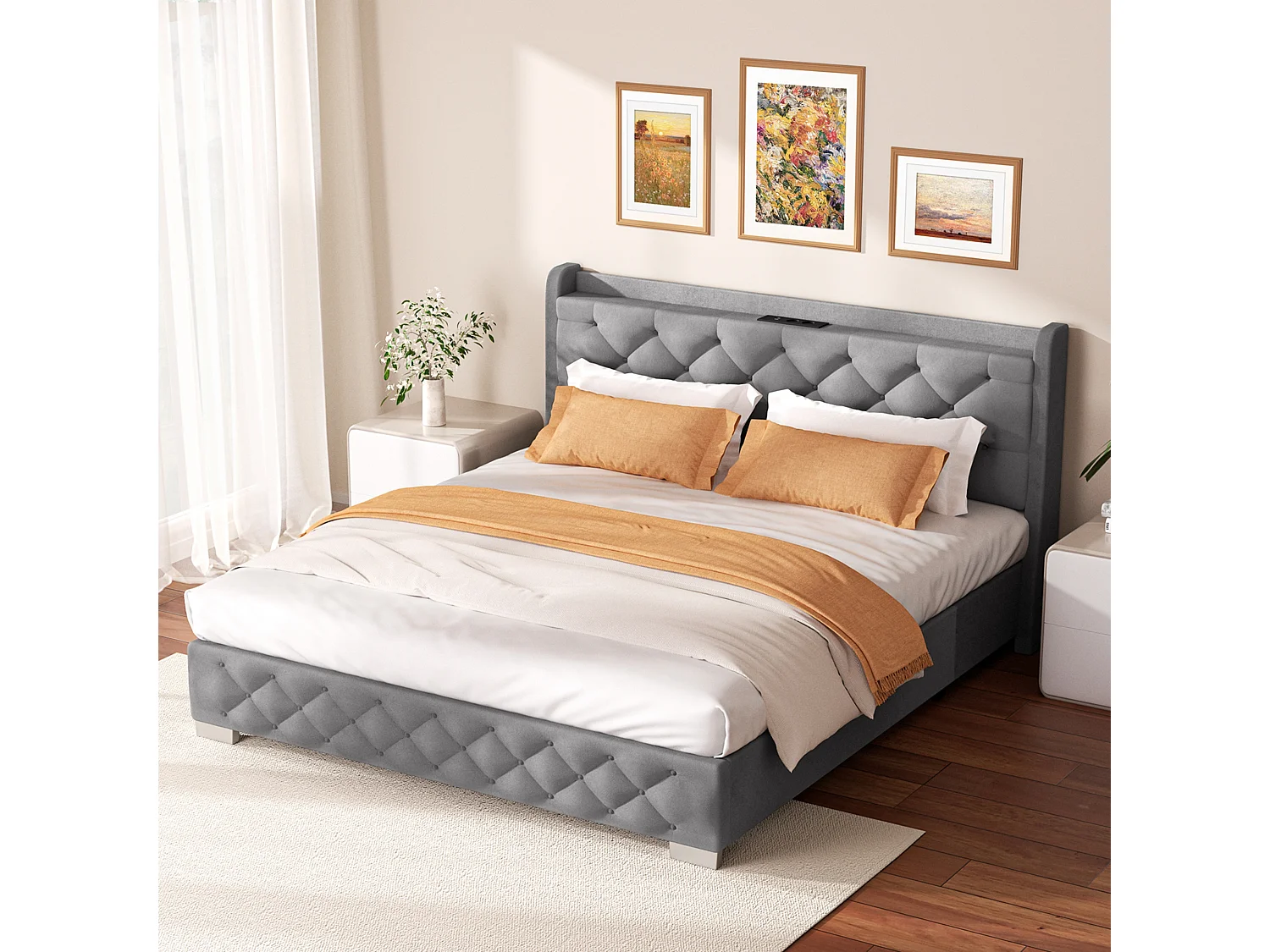 Polsterbett - Polsterbett 140 x 200 cm Bett mit Lattenrost - Doppelbett mit gepolstertem Kopfteil - Einfache Montage -  Robustes Gestell - LED-Beleuchtung und Samtb