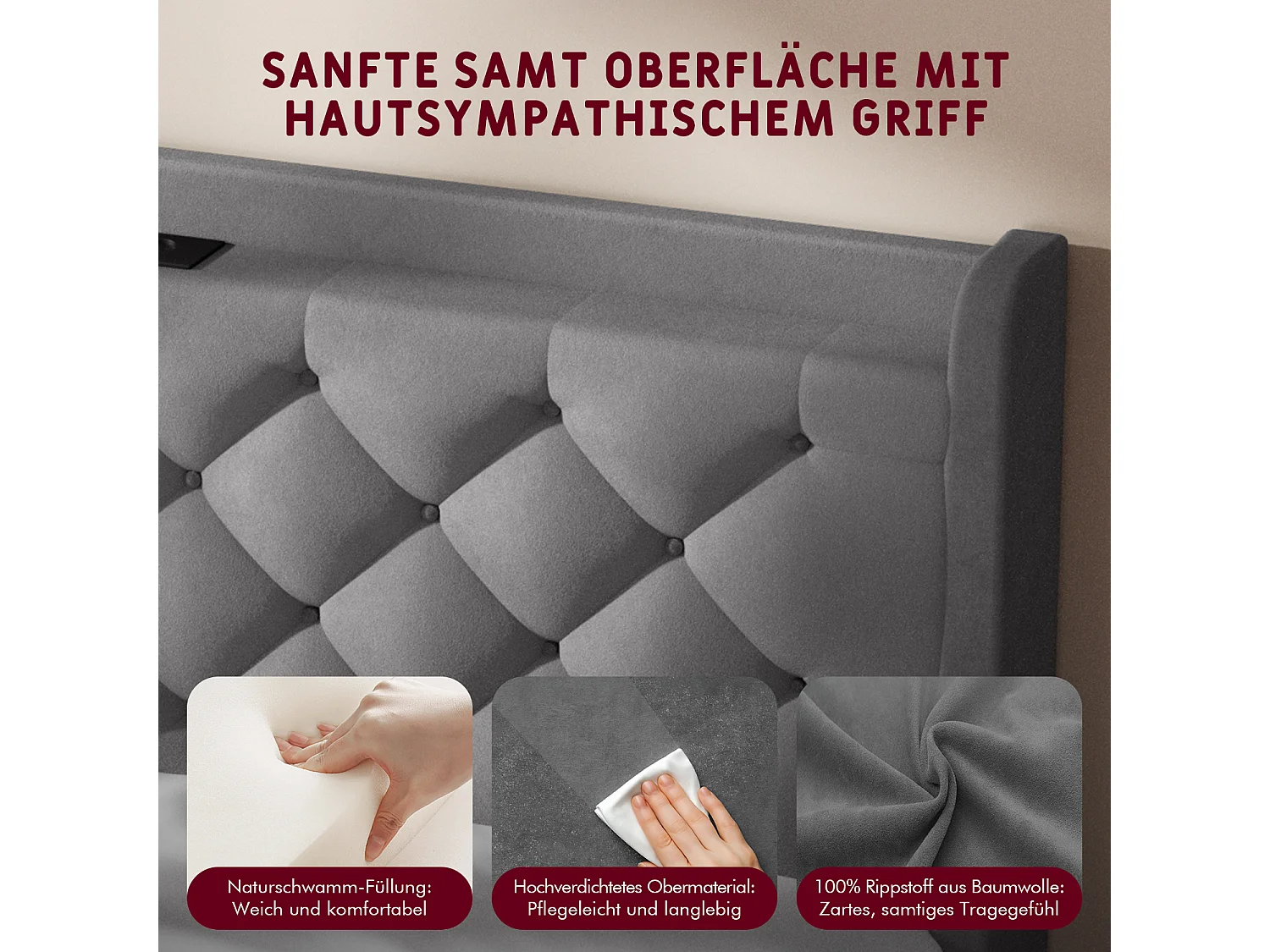 Polsterbett - Polsterbett 140 x 200 cm Bett mit Lattenrost - Doppelbett mit gepolstertem Kopfteil - Einfache Montage -  Robustes Gestell - LED-Beleuchtung und Samtb